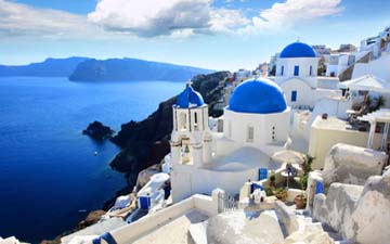 Vakantie Griekenland. Eiland-Hopping. Uitzicht over Santorini.